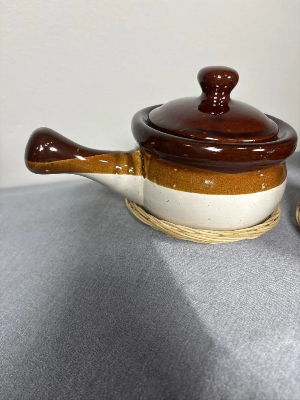 Vintage Set of 3 Stoneware French Onion Soup Crocks with Lids and Handles W/bask